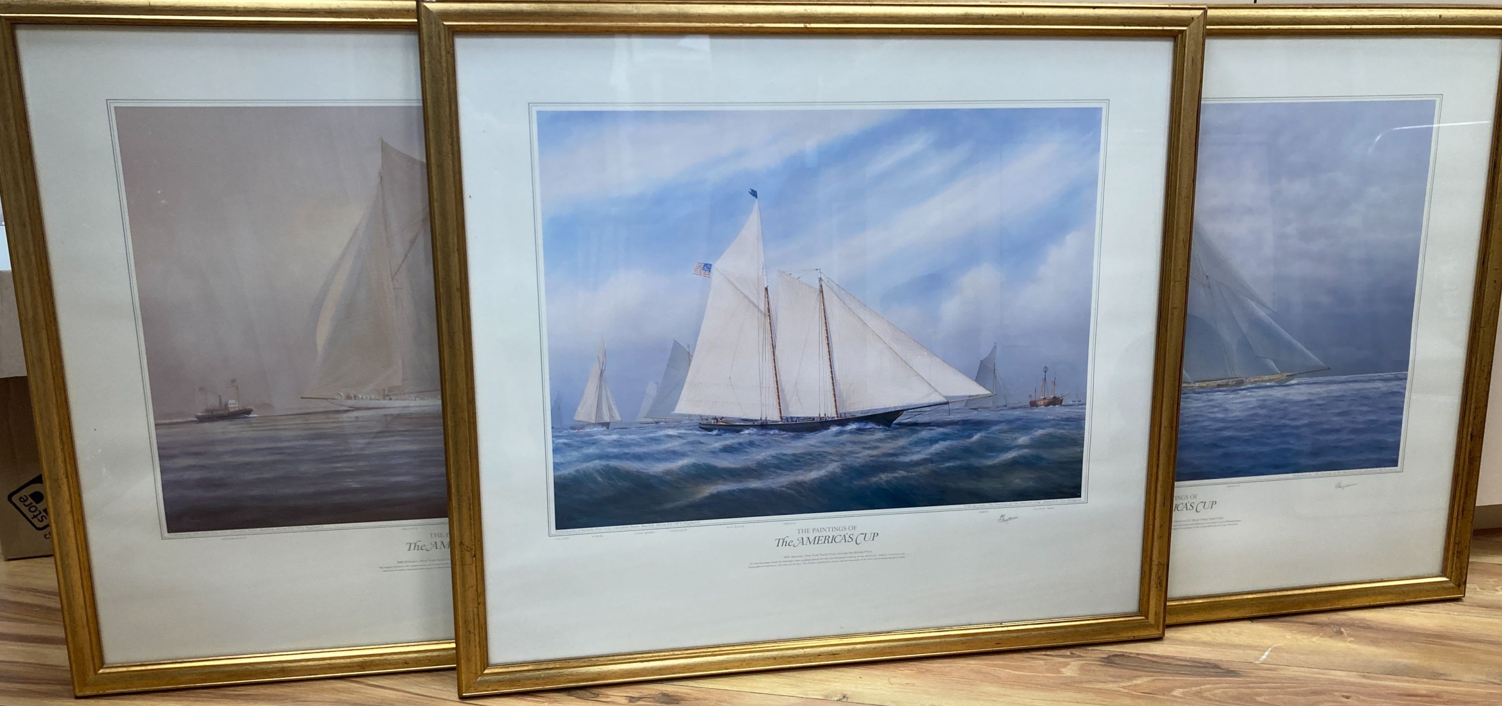 Tim Thompson, three colour prints, The Paintings of the Americas Cup, overall 60 x 70cm.